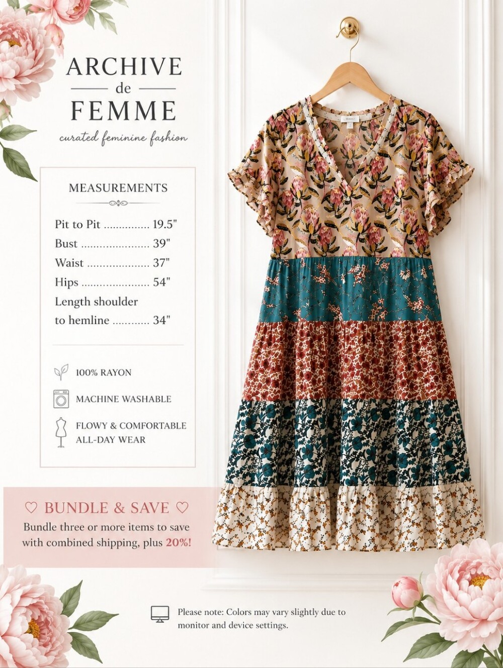 Grace & Lace Floral Patchwork Tiered Dress Boho Cottagecore | Size Medium - Picture 8 of 11